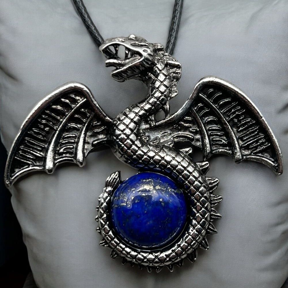 New Dragon Lapis Stone Pendent Necklace with Cord